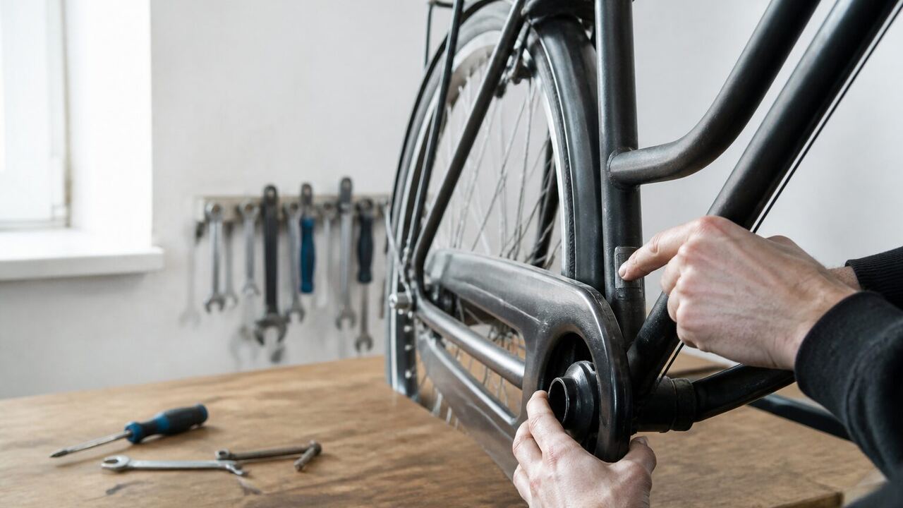 Main posée sur le cadre d’un vélo d’occasion pendant un contrôle en atelier
