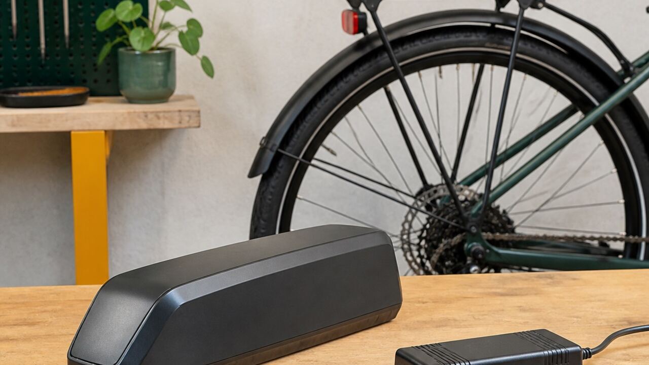 Batterie de vélo électrique vue en détail sur un établi