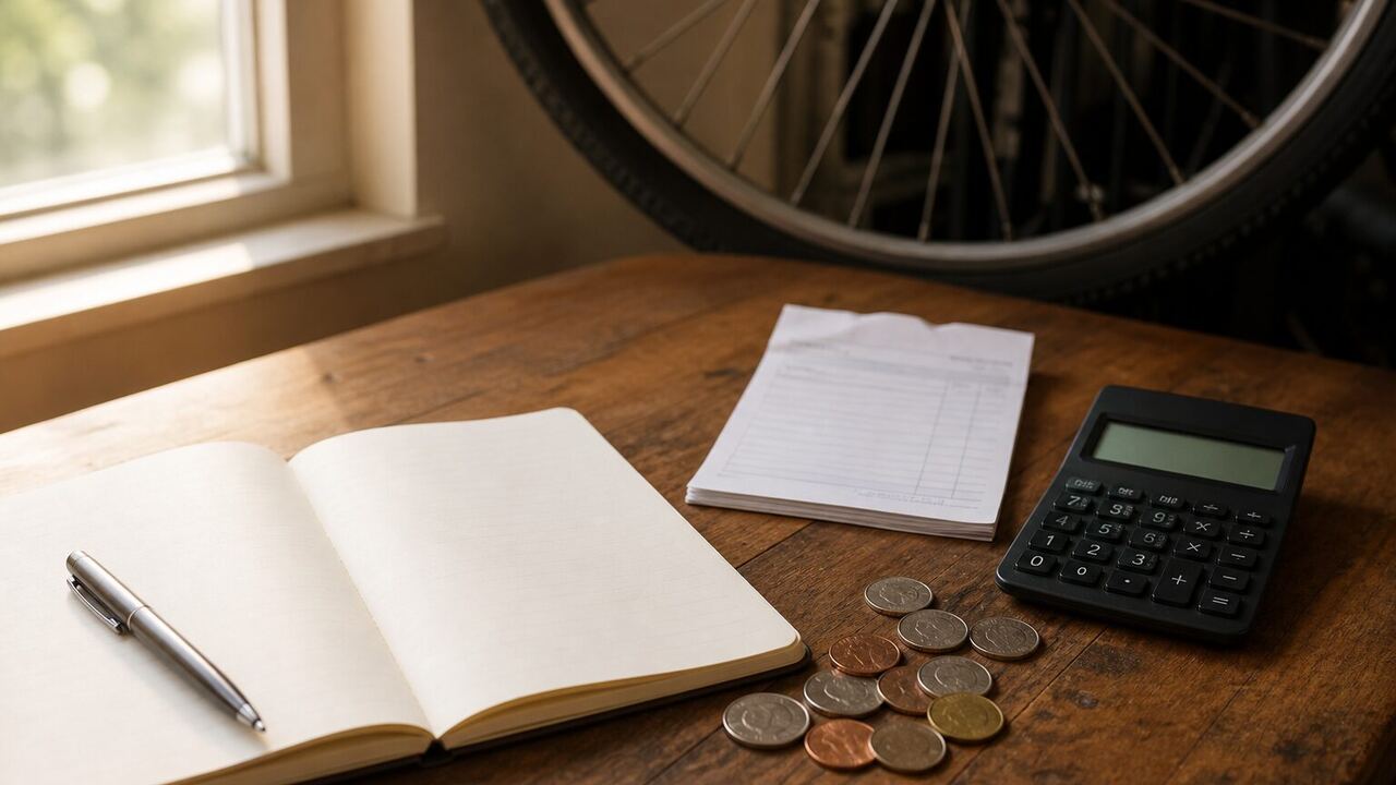 Carnet ouvert, calculatrice et pièces posés près d’une roue de vélo