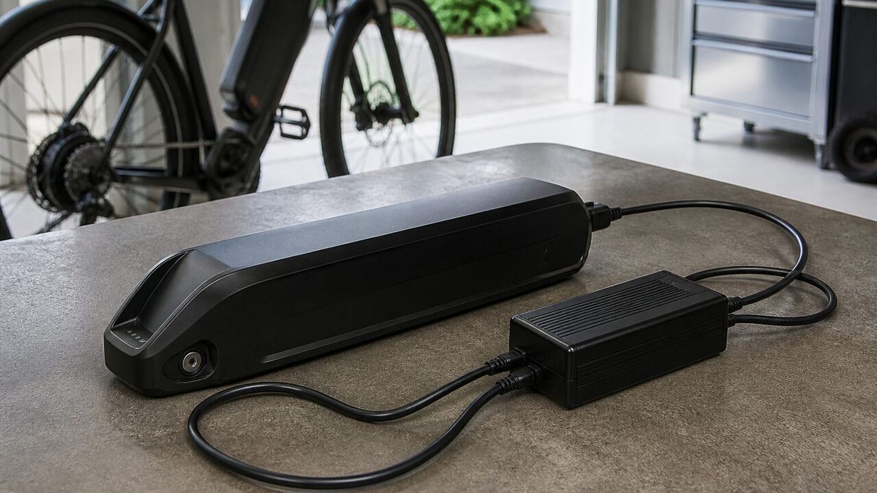 Batterie et chargeur de vélo électrique débranchés sur une surface minérale