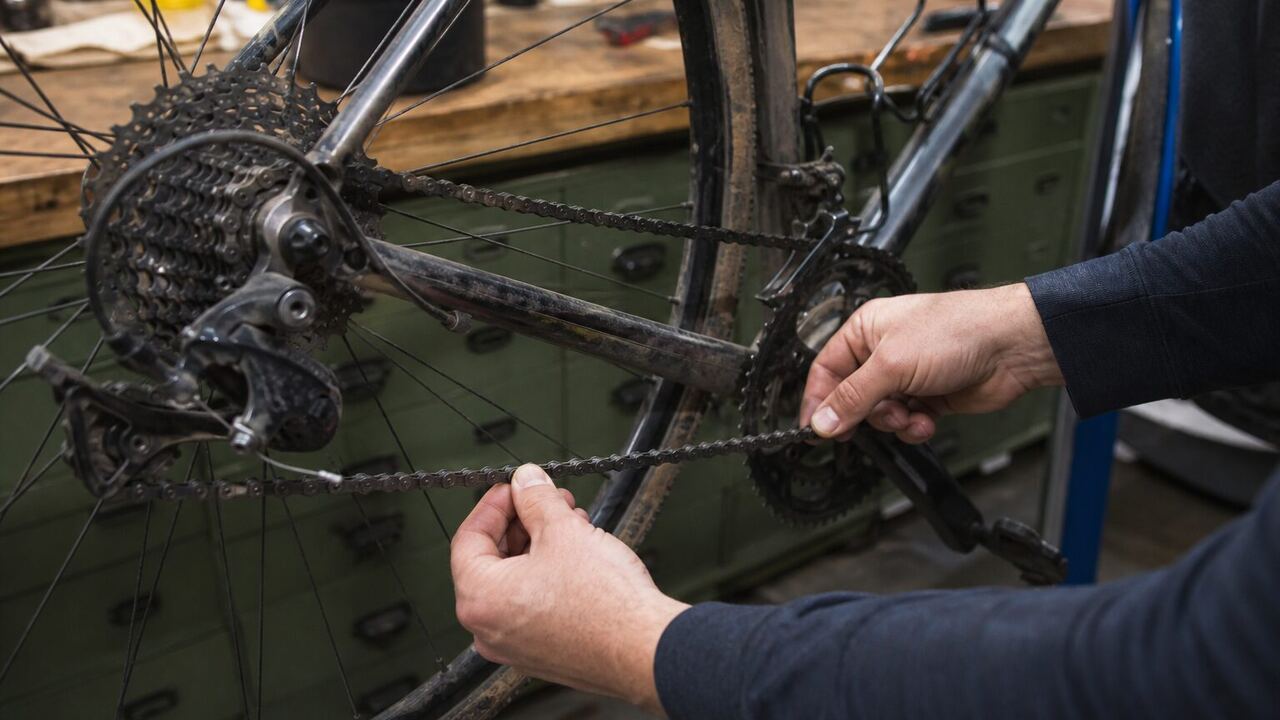 Chaîne et dérailleur d’un vélo d’occasion examinés sur un établi