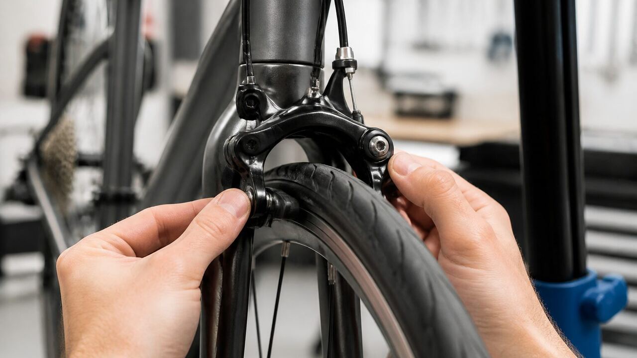 Étrier de frein et pneu observés de près sur un vélo d’atelier