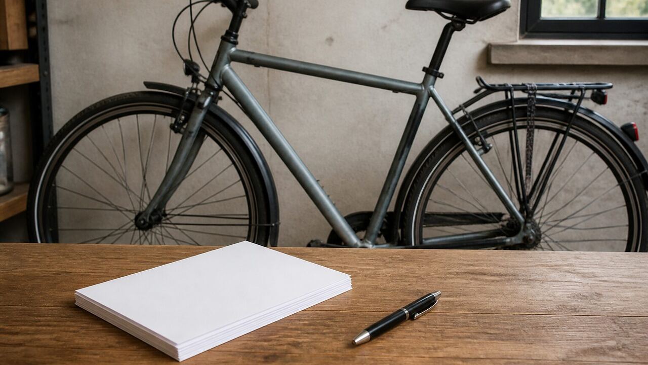 Vélo de ville et documents vierges posés sur une table en bois