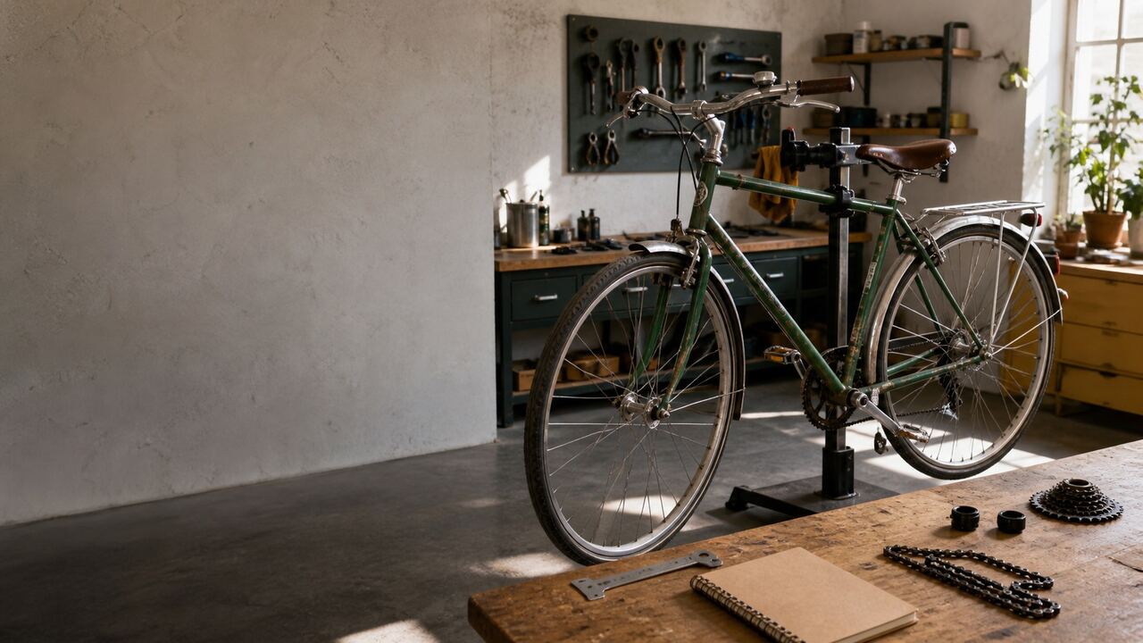 Vélo d’occasion posé sur un pied d’atelier, outils et pièces d’usure autour du cadre