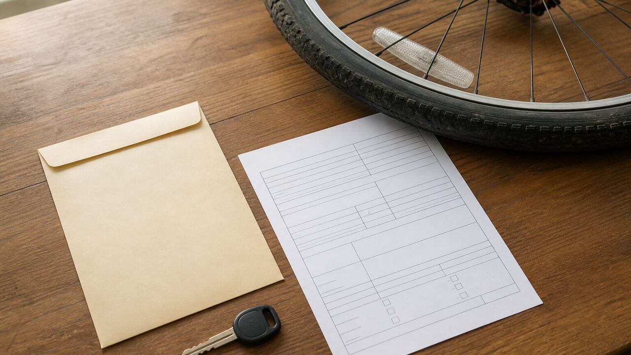 Roue de vélo, enveloppe et fiche vierge préparées pour un transfert