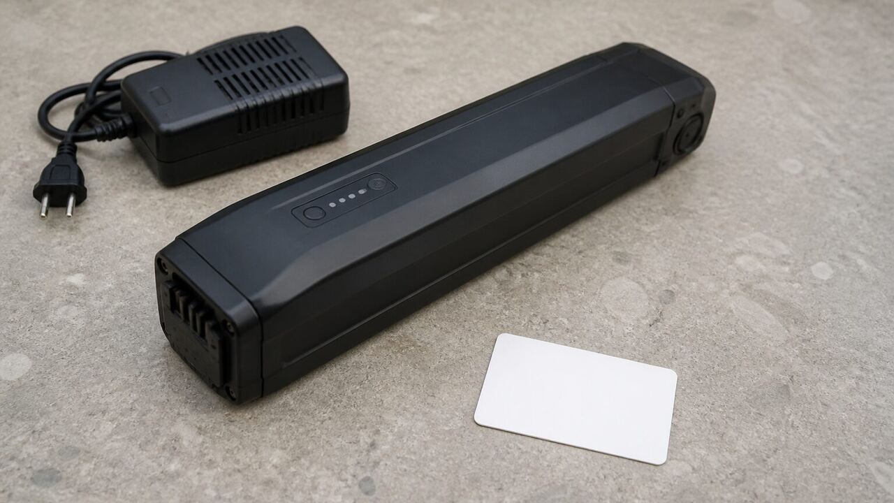 Batterie de vélo électrique et chargeur débranché sur une surface minérale