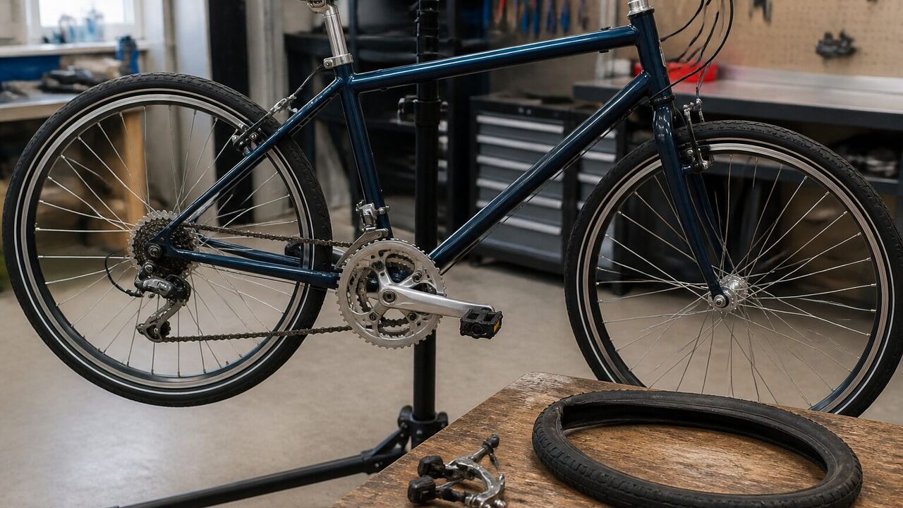 Vélo d’occasion monté sur pied avec une pièce usée sur l’établi