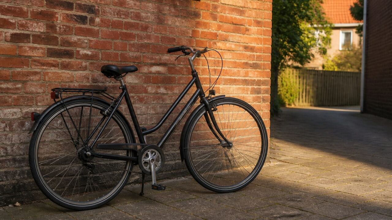 Vélo de ville d’occasion présenté devant un mur de briques, sans logo visible