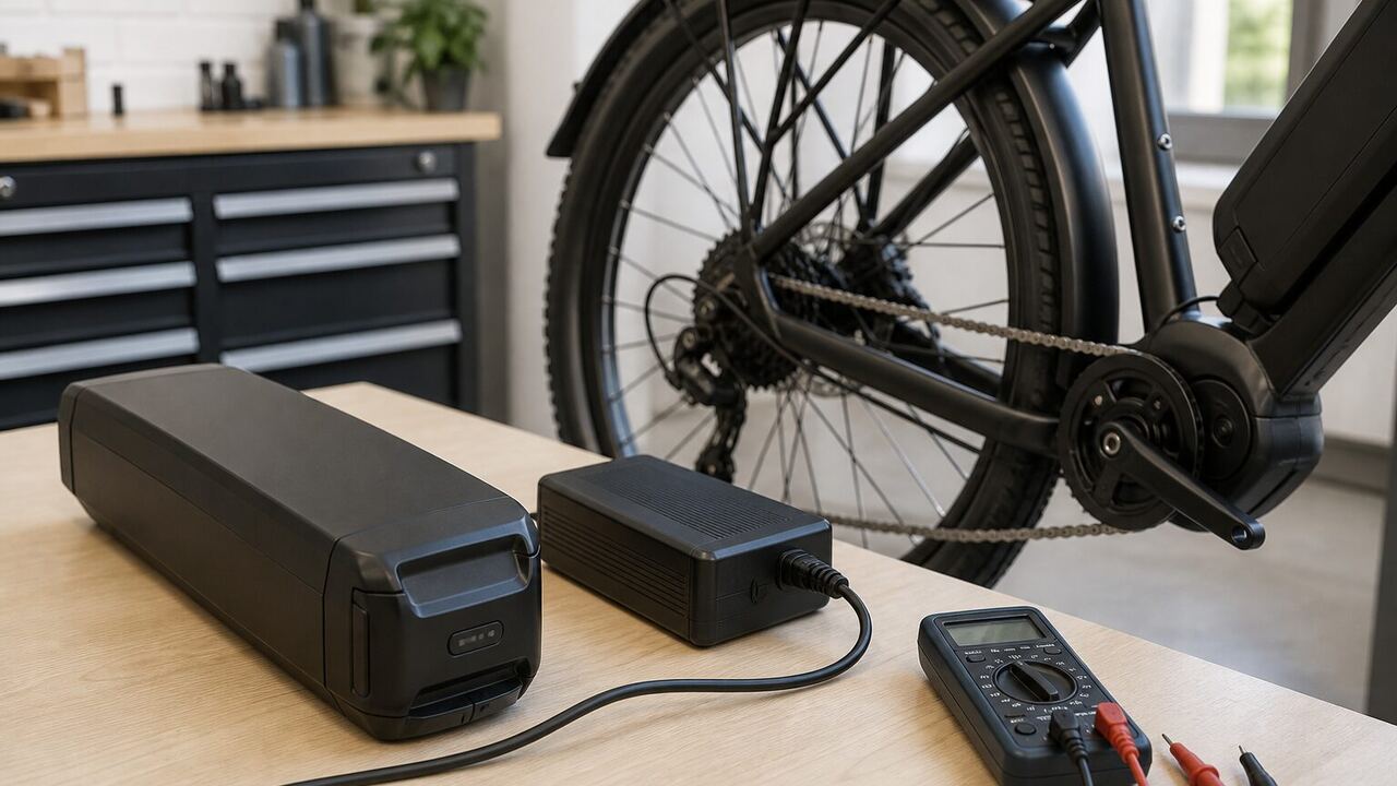 Batterie de vélo électrique et chargeur posés près du vélo dans un atelier