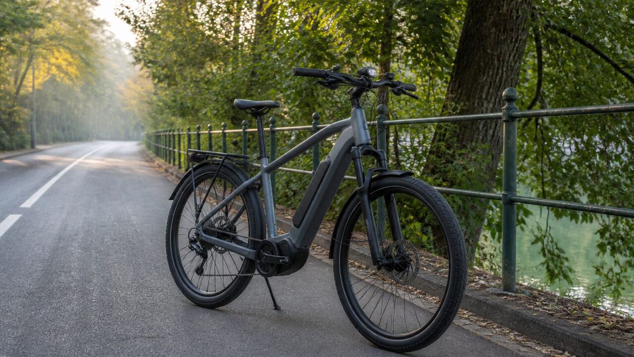 Vélo électrique stationné sur une voie cyclable bordée d’arbres